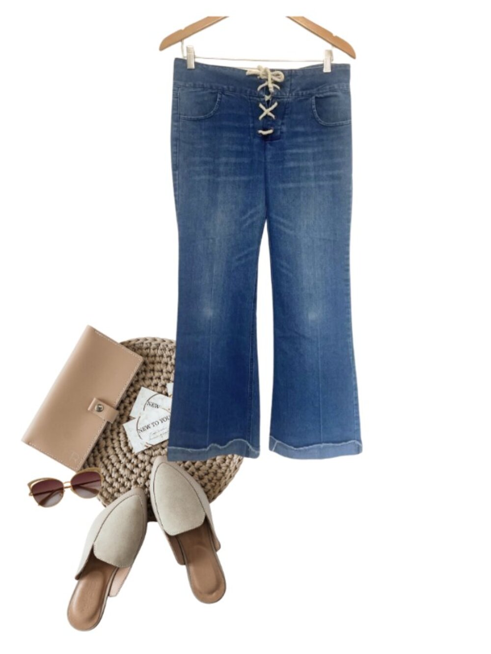 Olsenboye Y2K lace up front wide leg flare jeans